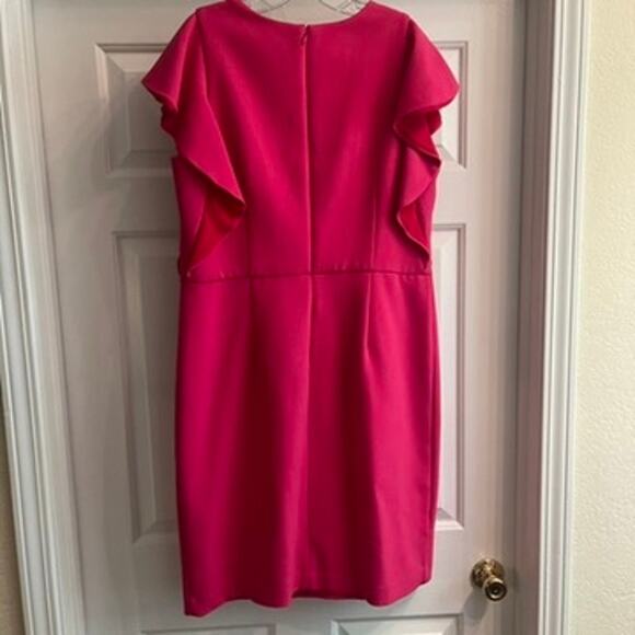 Size 14 Ann Taylor Pink Shift Dress with Ruffle and Contrast Red Lining - Picture 2 of 7